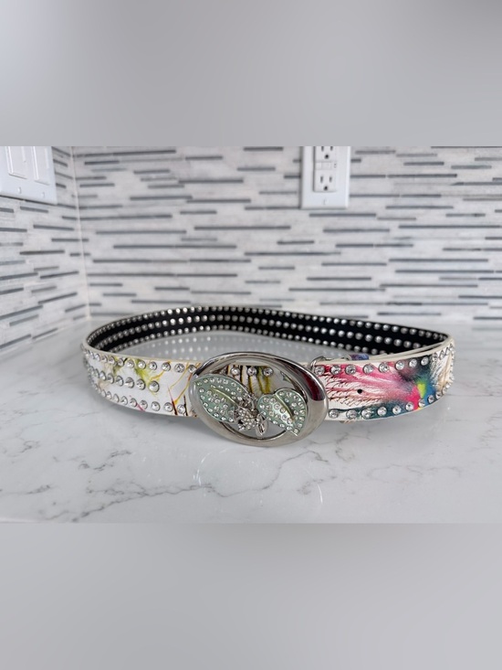 New High Quality white Crystal Butterfly Buckle Studded Floral Leather Belt XL main image 8